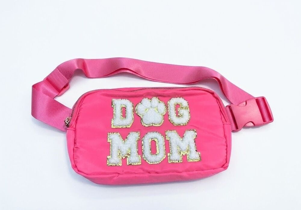"Dog Mom" Zipper Adjustable Waist Bag, Hot Pink